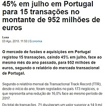 Fuses e aquisies caem 45% em julho em Portugal para 15 transaes no montante de 952 milhes de euros